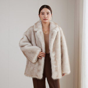 Manteau en fausse fourrure <span class=keywords><strong>beige</strong></span> de luxe pour femmes, col rabattu, chaud et moelleux, vêtement d'extérieur d'hiver élégant, veste épaisse - Product Image 1