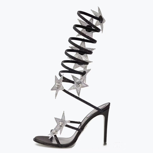 Sandales à talons hauts pour femme, style habillé, à lanières croisées longues à la cheville, ornées d'étoiles brillantes, sexy, grande taille 46, coupe large, talon aiguille - Product Image 1