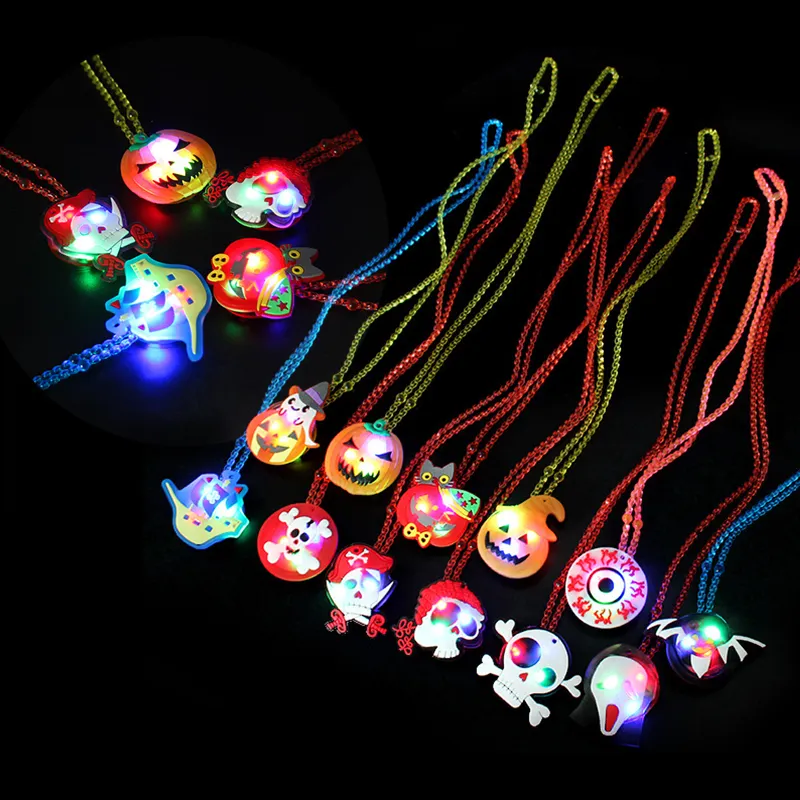 Hot Sale Halloween Led Flashing Plastic Pumpkin 3d Pendant Necklace Accessories Halloween Light Up Necklace for kids