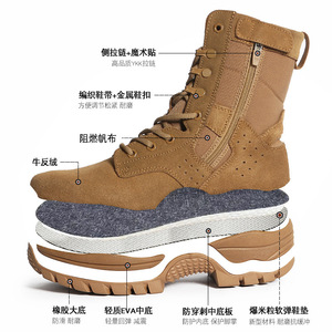 รองเท้าบูทผู้ชายสีน้ำตาลหนังกลับแบบมีซิปด้านข้าง พื้นยางระบายอากาศ ส้นเตี้ย เหมาะสำหรับฝึกซ้อม เดินป่า และงานรักษาความปลอดภัย - Product Image 4