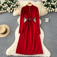 Robe décontractée élégante pour femme, coupe trapèze, manches longues, tricotée, col montant, ceinture à la taille, longueur midi, pour le quotidien