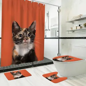Занавеска для душа с милым рисунком кошки, декоративная занавеска для ванной комнаты, комплект из 4 предметов, индивидуальная занавеска для душа