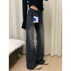 Jean évasé rétro américain à taille haute en noir et gris Nouveau pantalon ample à jambes larges et à longueur de plancher Tailles 2XL et XL - Product Image 5