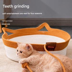 Minerva Manufacture Coton et <span class=keywords><strong>Chanvre</strong></span> Corde Panier Tissé Avec Oreilles <span class=keywords><strong>De</strong></span> Chat Queue Forme Jouet Balle Grande Capacité Pet Chat Lit Toutes Saisons - Product Image 4