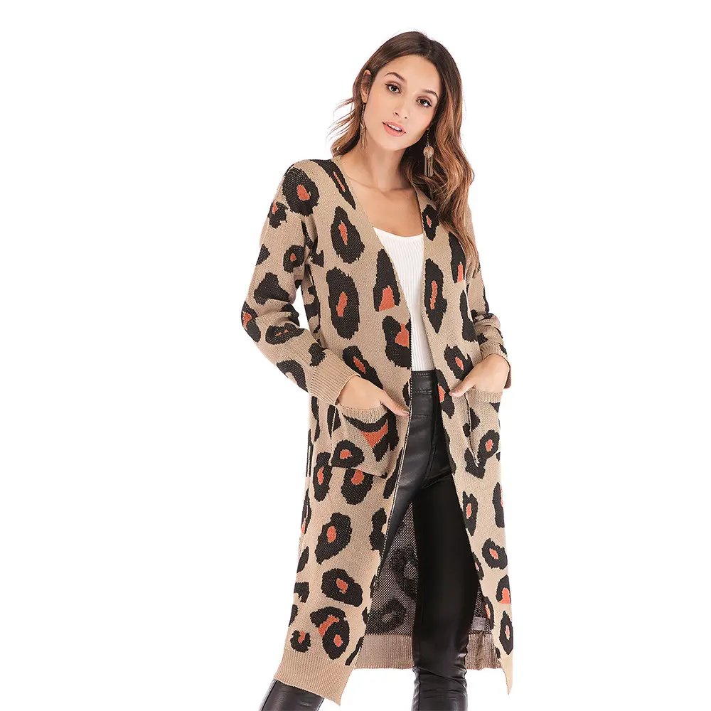 Trendy female knit sweater long sleeve women extra long leopard cardigan without buttons