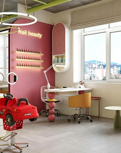 Conception d'intérieur personnalisée pour salon de coiffure pour enfants avec mobilier en contreplaqué MDF, comptoirs incurvés, chaises pour enfants, aménagement commercial coloré, OEM - Product Image 3