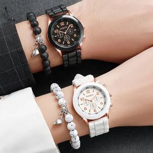 NJC 4Pcs/<strong>Set</strong> Wholesale Couple <strong>Geneva</strong> Quartz Wrist <strong>Watches</strong> with Heart Beaded Bracelet <strong>Set</strong> - Product Image 2