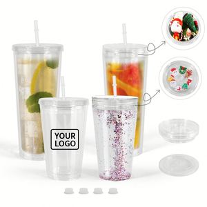 Wholesale 16oz 24oz Double Wall Snow Globe Acrylic Tumbler Pre-Drilled Plastic Custom Reusable <b>Cup</b> with DIY <b>Lids</b> <b>Straw</b> - Product Image 1