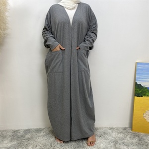 1997# New Arrival Women Winter Solid Color Long Coat Cotton batwing Sleeve Open <b>Abaya</b> Cardigan With Front Big Pocket 6 Colors - Product Image 2