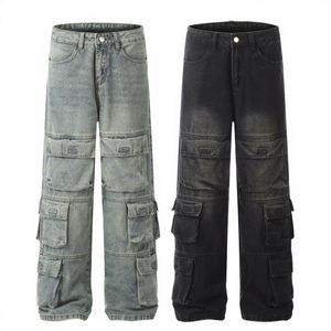 Salopette en jean large délavée de haute qualité pour hommes, style hip-hop, imprimé personnalisé, effet vieilli, vintage, cargo, coupe ample - Product Image 1