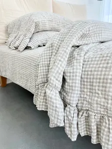 100% Linen Duvet Cover Set 3 Piece Vintage Ruffled Soft <strong>Plaid</strong> Fabric High End French Linen <strong>Bedding</strong> Hand Woven - Product Image 3