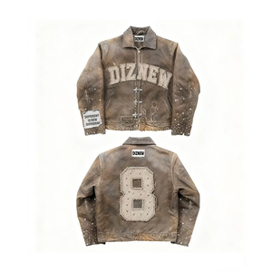 جاكيت جينز رجالي مخصص من DiZNEW، تصميم عصري بشعار مخصص، فضفاض بطراز قديم مع غسيل وتآكل ومرصع بالأحجار - Product Image 2