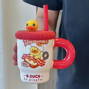 B.Duck Ceramic <b>Mug</b> With Lid And Straw Cartoon Design For <b>Coffee</b> Or Water Single Cup Gift Set - Product Image 4