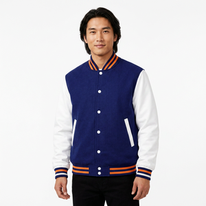Men's Blue White Varsity Jacket Preppy Style Turn-down Collar Button Front Regular Fit Winter Outerwear Genuine Leather Shell - Product Image 1