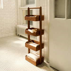 Étagère de rangement pour salle de bain en teck massif de qualité supérieure, 4 niveaux, sur pied, pour serviettes - Product Image 1