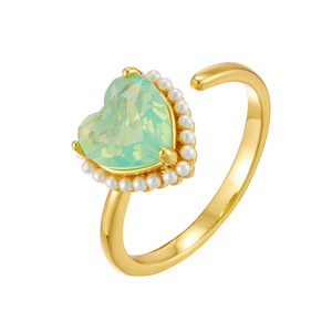 Heart-Shaped Light Green Opal Open Ring With Pearl Beads Adjustable Index Finger Jewelry Gift For Women - Product Image 5