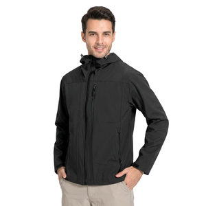 Veste imperméable à capuche pour homme, légère, en polyester, décontractée, coupe-vent, respirante, fermeture éclair, couleur unie noire, pour l'automne - Product Image 2