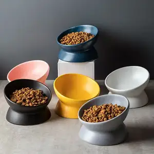Wholesale Customized Pet Luxury Elevated Large Feeding Water Bowl Cat Dog Ceramic Bowl With Wood Stand