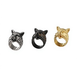 Populaire dierenhandjuwelen Europese punk vintage Viking wolfkop roestvrijstalen herenring - Product Image 2