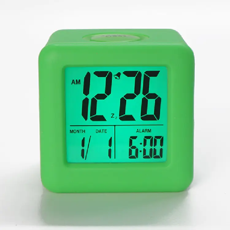 Relógio digital com alarme de soneca, com cubo de luz traseira de led, calendário, silicone