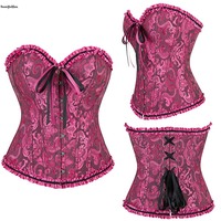 Corset rouge vintage en dentelle brodée respirant grande taille, avec fermeture éclair et ruban ajustable, sexy, pour femme - Meilleures ventes