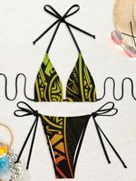 Ensemble de bikini triangle à imprimé tribal polynésien personnalisé, couleur turquoise ombré, avec liens sur les côtés, maillot de bain deux pièces pour femmes