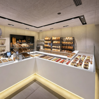 Comptoir de présentation de pain commercial en acrylique haut de gamme sur mesure, vitrine de boulangerie multifonctionnelle avec éclairage LED, écologique, pour boulangerie complète
