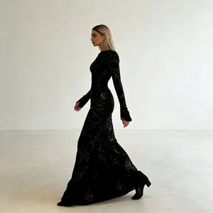 Abiti da Donna Neri con Motivo Dorato, Collo Tondo, Maniche Lunghe, Polsini Arricciati, Aderenti in Velluto, Eleganti e Formali, Vestiti Lunghi da Donna - Product Image 3