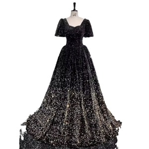 Black Sequined Ball Gown Empire Waist Scoop Neck Evening Dress Women Formal Party Wedding - Product Image 5