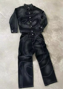 Tùy Chỉnh Chất Lượng Cao Axit Rửa Hai Mảnh Retro 3D Mô Hình Thoáng Khí Giản Dị Mùa Thu Denim Áo Khoác Và Quần loe Người Đàn Ông Của Phù Hợp Với - Product Image 4