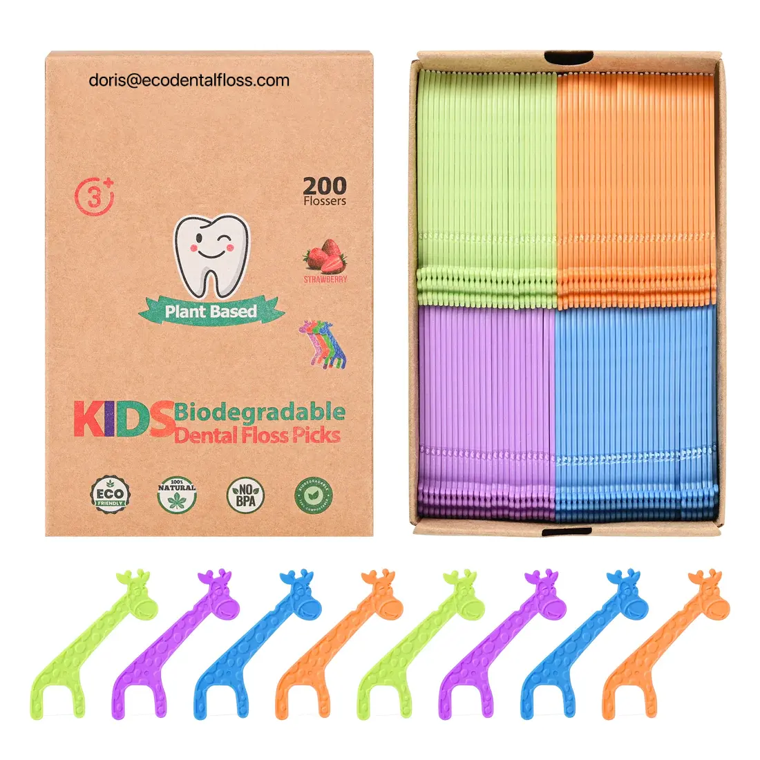 Palhetas de fio dental coloridas para crianças, 40 peças, novo design em forma de animal, palhetas fofas para dentes