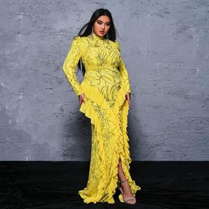 Mujeres populares Ropa de fiesta <span class=keywords><strong>O</strong></span> Escote Mangas largas Lentejuelas Negro Amarillo Vestidos de noche de gran tamañ<span class=keywords><strong>o</strong></span> con abertura - Product Image 2