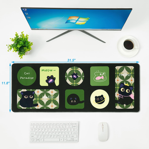 XXL Black Cat Desk Mat 31.5x11.8 in Cute <strong>Kawaii</strong> Gaming Mouse Pad Stitched Edge, Green Aesthetic Accessories Computer <strong>Keyboard</strong> - Product Image 4