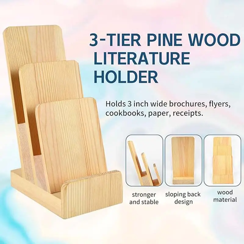 Suporte de madeira de pinho para brochuras, organizador de panfletos com três dobras, suporte para postagens e bancada, suporte para publicação de panfletos