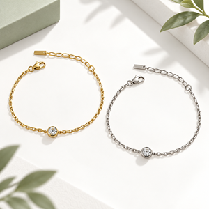 กำไลเซอร์โคเนียเดี่ยว - สแตนเลสสตีล + เซอร์โคเนีย ชุบสุญญากาศด้วยทอง 14K ขนาด 170+30 มม. - Product Image 1