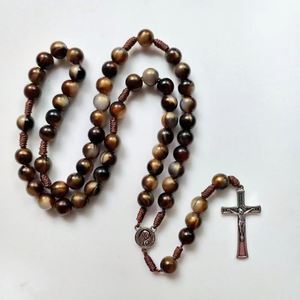Catholic Rosary Beaded Necklace Hand-strung 10mm Faux Agate <b>Beads</b> in a Vintage Style Woven - Product Image 3