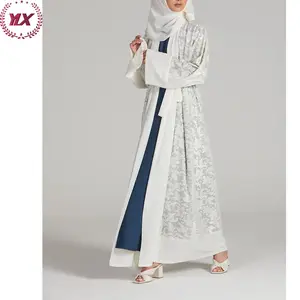 2023 Elegant Beautiful Ivory White Color Floral Print Polyester Chiffon Fabric Belt Kimono Islam Clothing Abaya Women