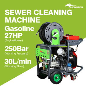 Idropulitrice <span class=keywords><strong>a</strong></span> Benzina per Fognature 27HP 250Bar 30L/min con Tubo da 50M - Product Image 1