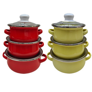 Bán nóng 6 miếng Mini tráng men đáy phẳng nồi súp đặt 12 + 14 + 16cm đầy màu sắc không có lớp phủ đôi Tai nồi đặt với nắp thủy tinh - Product Image 2