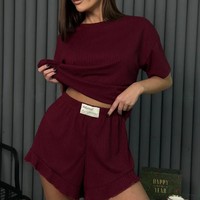 Ensemble 2 pièces de shorts courts tricotés doux et imprimés personnalisables pour femmes, respirant et à séchage rapide, idéal pour l'été ou comme pyjama d'appoint