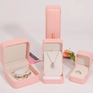 Han Hong New Custom Logo Jewelry Packaging Box Pink Leather Jewelry Box Square Earrings Necklace Jewelry Ring Box