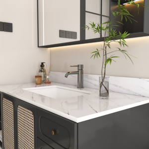 Modern Carrara White Stone Bathroom <strong>Vanity</strong> Top with Undermount Rectangle Ceramic Sink PVC <strong>Case</strong> and Bath Mirror - Product Image 6