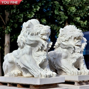 YOUFINE Sculpture <span class=keywords><strong>de</strong></span> <span class=keywords><strong>lion</strong></span> assis <span class=keywords><strong>en</strong></span> marbre blanc sculpté à la main, statues <span class=keywords><strong>de</strong></span> gardiens pour la décoration d'entrée <span class=keywords><strong>de</strong></span> villa - Product Image 2