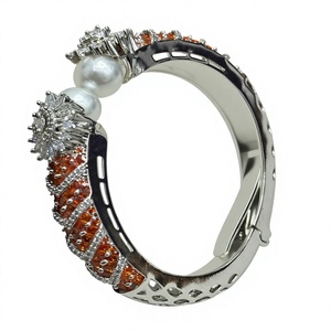 Luxury <b>Silver</b> Plated Brass Bangle <b>Bracelet</b> Orange CZ Cubic Zirconia Pearl <b>Cuff</b> Open Adjustable Indian Fashion Jewelry - Product Image 4