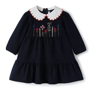 Custom embroidery autumn winter kids baby girls dresses with scoop collar long sleeve wool girls dresses kids