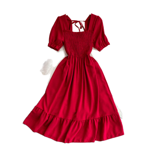 เดรสทรงเอไลน์ผ้าทอเนื้อนุ่มระบายอากาศดี คอปกสี่เหลี่ยม แขนสั้น สไตล์ลำลอง เอวทรงเอ็มไพร์ แต่งระบาย  ใส่สบายในช่วงฤดูร้อน เป็นมิตรต่อสิ่งแวดล้อม - Product Image 1