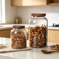 Vente en gros de bocaux de conservation alimentaire en verre borosilicate de haute qualité, faits à la main, de grande capacité, avec couvercle en bois d'acacia mangium