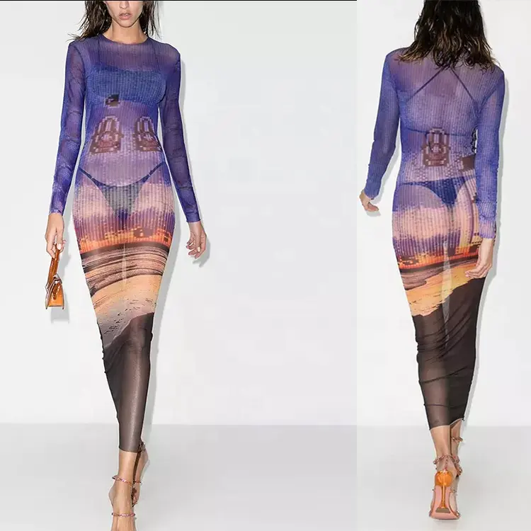 OEM/ODM 2022 Custom Encaje Casual Vestidos Noble Bodysuit Sexy Women Stretch Mesh Long Sleeve Bodycon Digital Print Dress