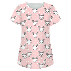 Nuova Camicia da Lavoro per Donne con Stampa Pasquale, Maniche Corte, Scollo a V, Tasca, Motivo Coniglietto e Uova, per Insegnanti di Scuola Materna e Infermiere - Product Image 5