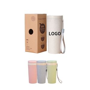 Custom Logo BPA Free Water Bottle Portable Wheat <b>Straw</b> 380ml <b>Plastic</b> <b>Drink</b> Bottle with Strap - Product Image 1